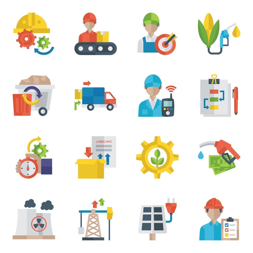 paquete de iconos planos de gestión industrial vector