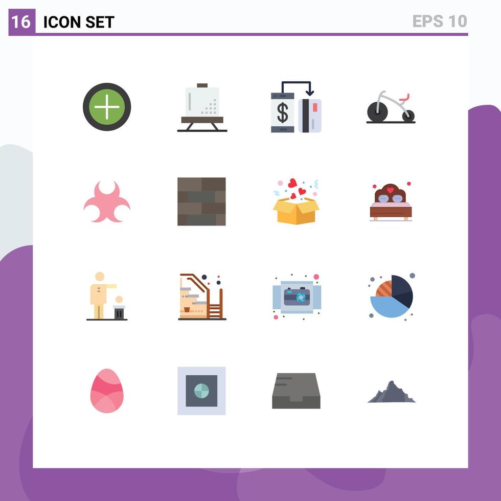 Interfaz de usuario de 16 paquetes de color plano de signos y símbolos modernos de peligro para bebés sin efectivo bicicleta smartphone paquete editable de elementos de diseño de vectores creativos
