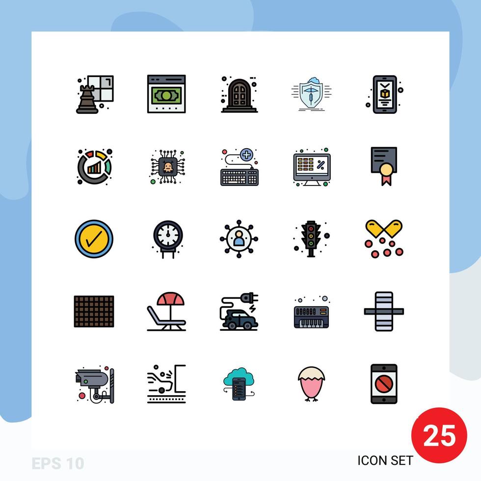 Group of 25 Modern Filled line Flat Colors Set for printing safe frame protection health Editable Vector Design Elements