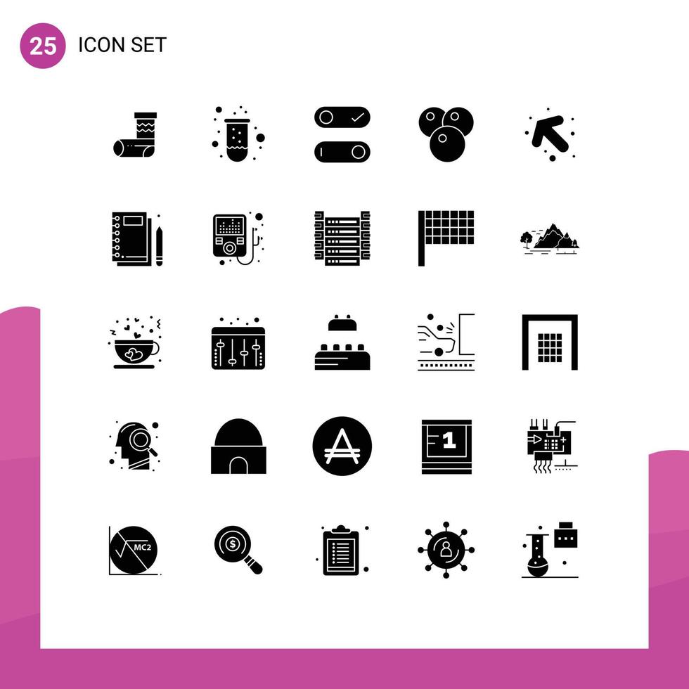 Group of 25 Modern Solid Glyphs Set for jotter up control arrow food Editable Vector Design Elements