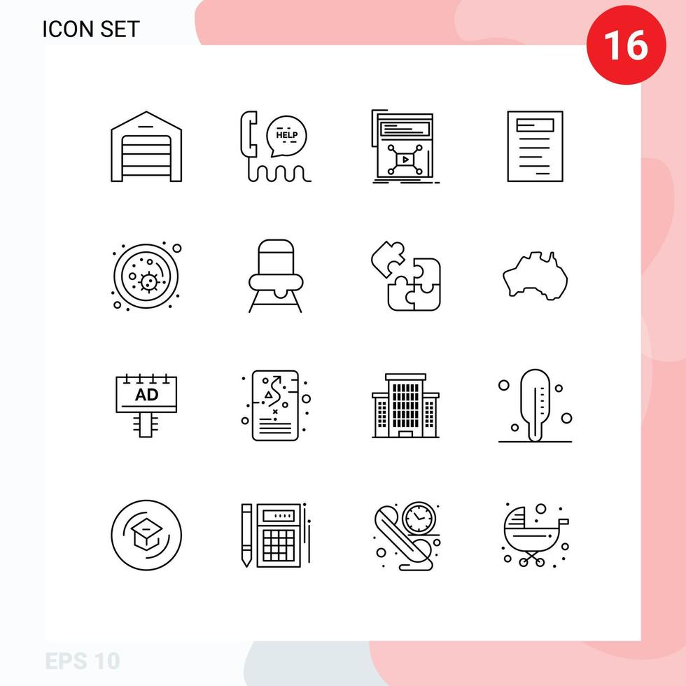 Group of 16 Outlines Signs and Symbols for bacteria education help book web Editable Vector Design Elements