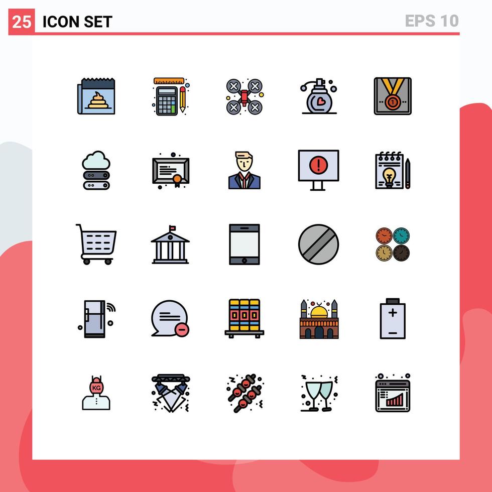 grupo de 25 colores planos de línea rellena modernos establecidos para el cálculo de maquillaje de medallas robot de drones de fragancia elementos de diseño de vectores editables