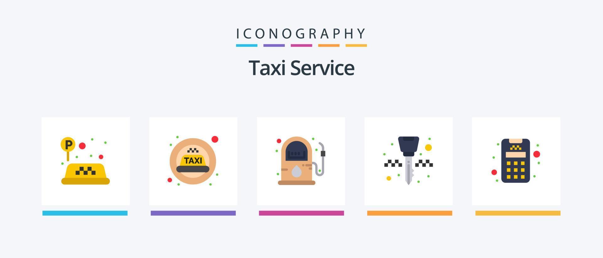 servicio de taxi paquete de 5 iconos planos que incluye. crédito. gasolina. tarjeta. llavero. diseño de iconos creativos vector