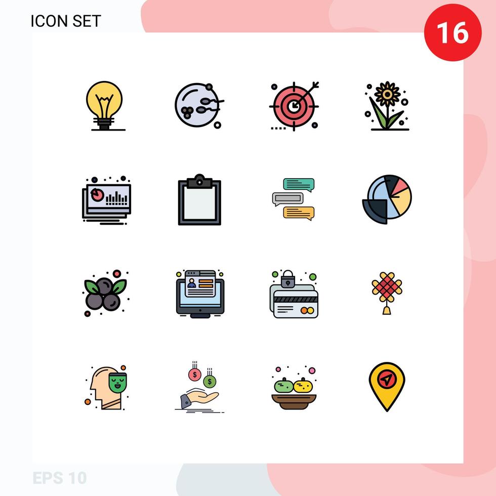 Set of 16 Vector Flat Color Filled Lines on Grid for accounting plant audience flower search Editable Creative Vector Design Elements
