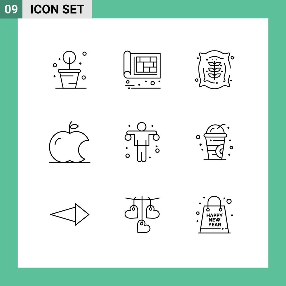 Set of 9 Vector Outlines on Grid for gym dumbbell agriculture intellect apple Editable Vector Design Elements