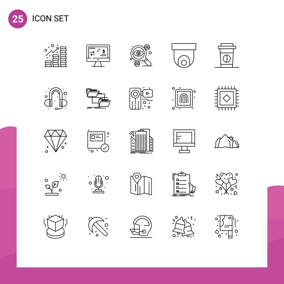 Modern Set of 25 Lines Pictograph of coffee security camera business cctv taxes Editable Vector Design Elements