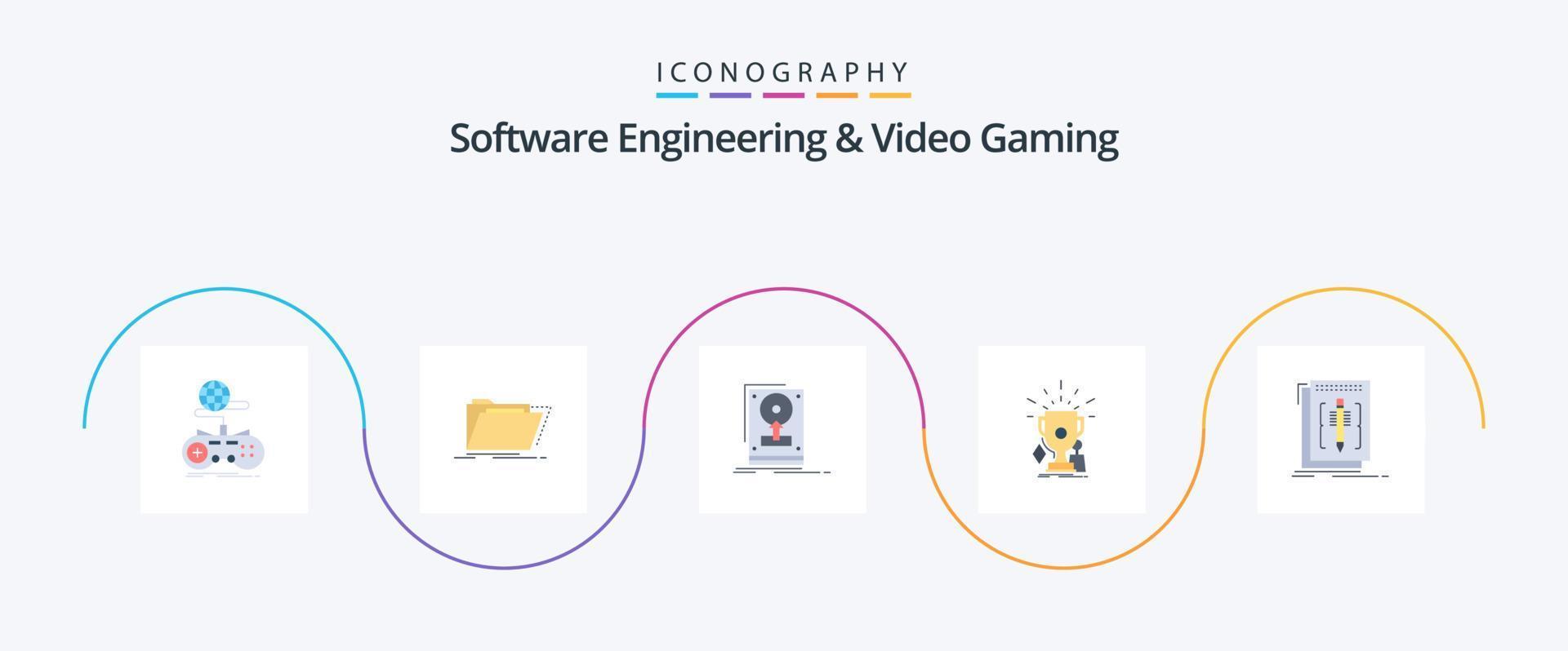 paquete de iconos de 5 planos de ingeniería de software y videojuegos que incluye deporte. premios archivos subir. disco duro vector