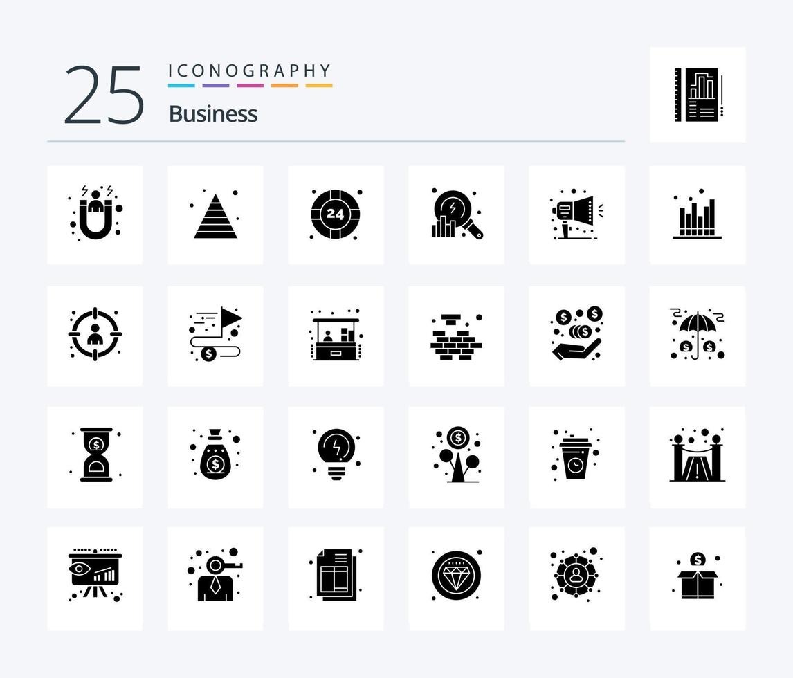Business 25 Solid Glyph icon pack including notification. search. help. data. analysis vector