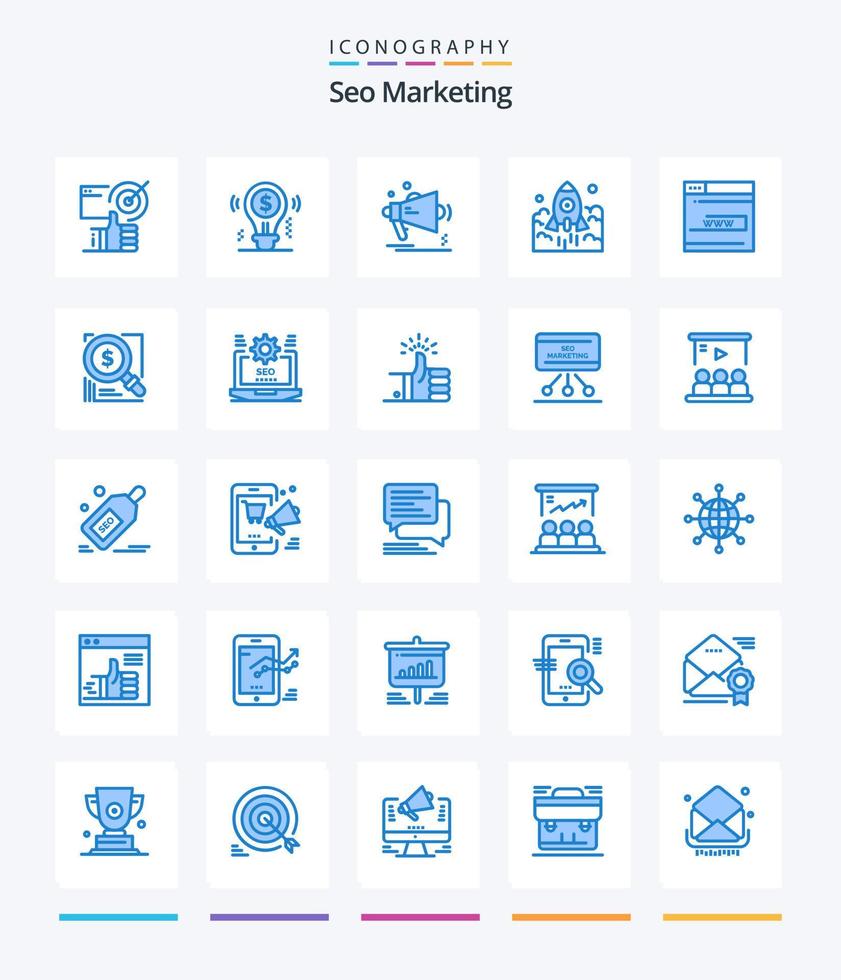 Creative Seo Marketing 25 Blue icon pack  Such As business. launch. dollar. loudspeaker. megaphone vector