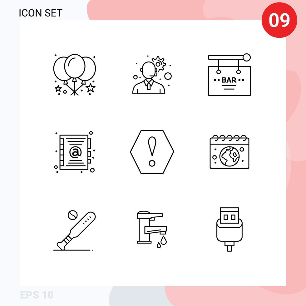 Group of 9 Outlines Signs and Symbols for earth octagon celebration error book Editable Vector Design Elements