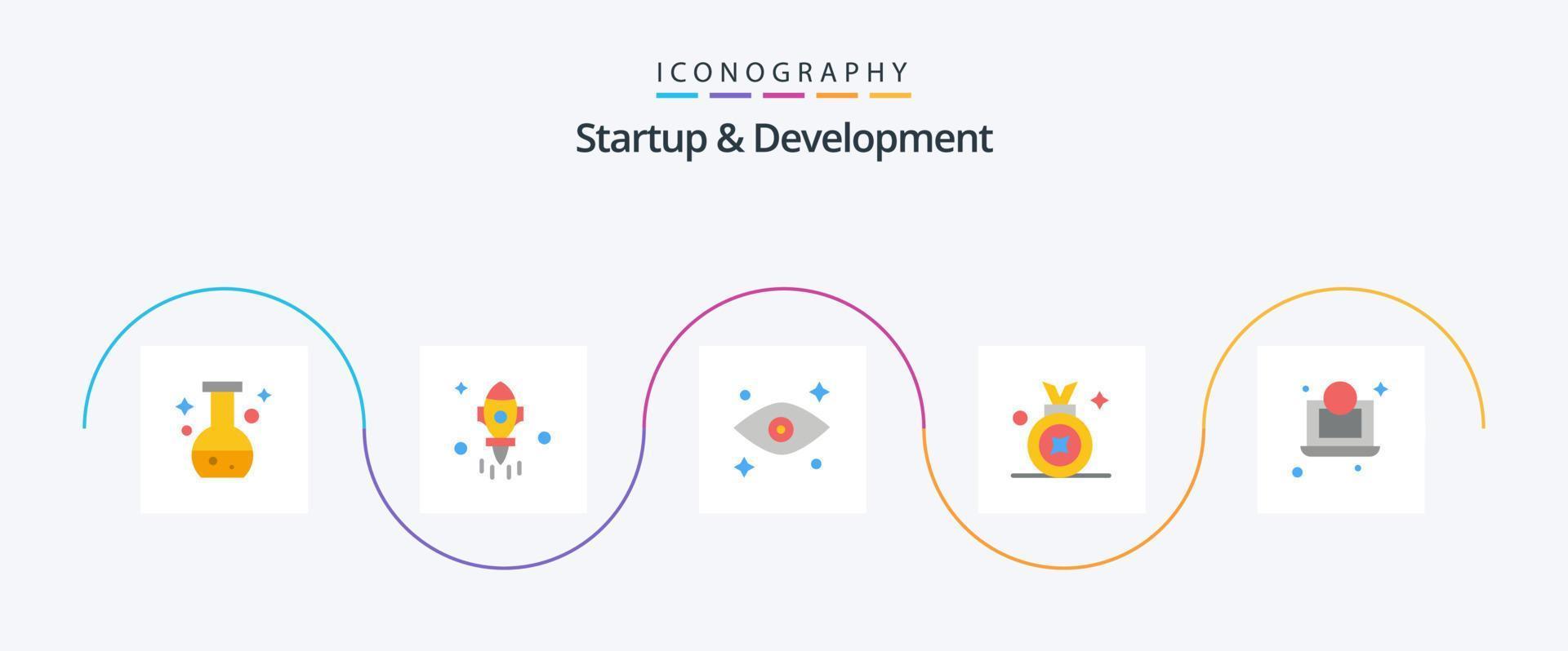 Paquete de iconos planos de inicio y desarrollo 5 que incluye dinero. ordenador portátil. ojo. Insignia. insignia de premio vector
