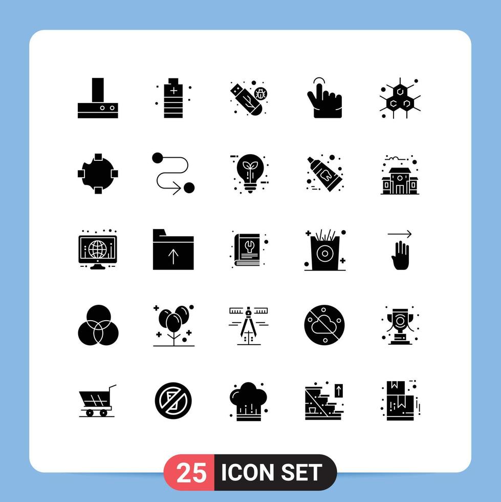 Set of 25 Commercial Solid Glyphs pack for molecular touch drive gesture virus Editable Vector Design Elements
