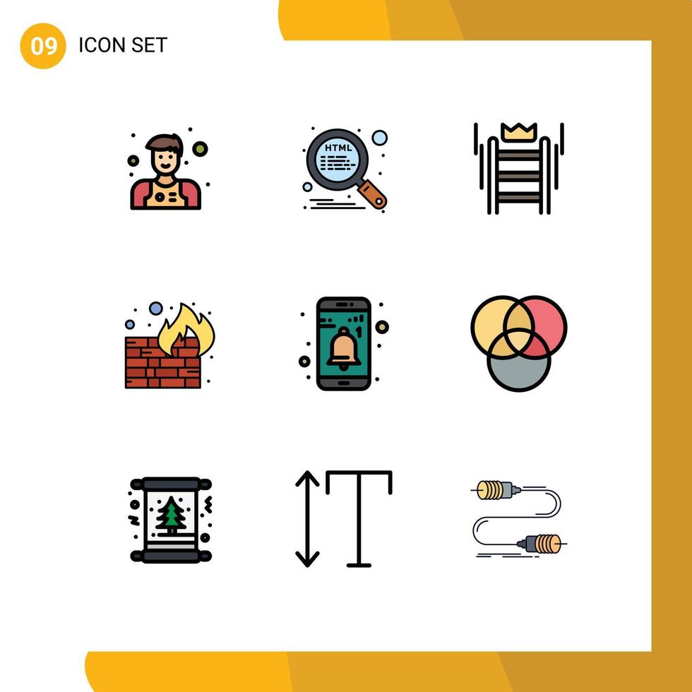 9 Thematic Vector Filledline Flat Colors and Editable Symbols of interface wall success security fire Editable Vector Design Elements