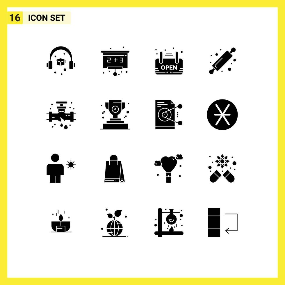 Pack of 16 Modern Solid Glyphs Signs and Symbols for Web Print Media such as plumbing mechanical signage leak bread roller Editable Vector Design Elements