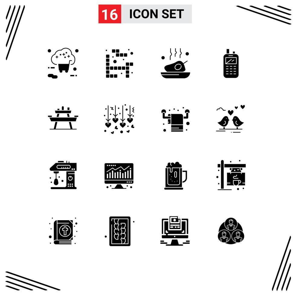 16 Thematic Vector Solid Glyphs and Editable Symbols of bench receiver chicken radio roasted Editable Vector Design Elements