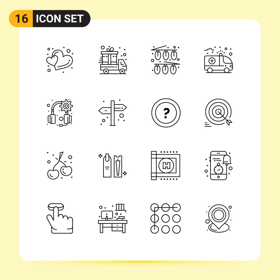 Set of 16 Modern UI Icons Symbols Signs for headset gear christmas medical care Editable Vector Design Elements