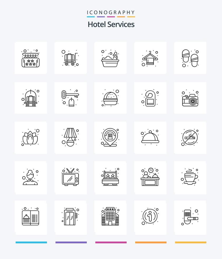 servicios de hotel creativos 25 paquetes de iconos de esquema, como zapatos. bañera. Servicio. guardarropa. ducha vector