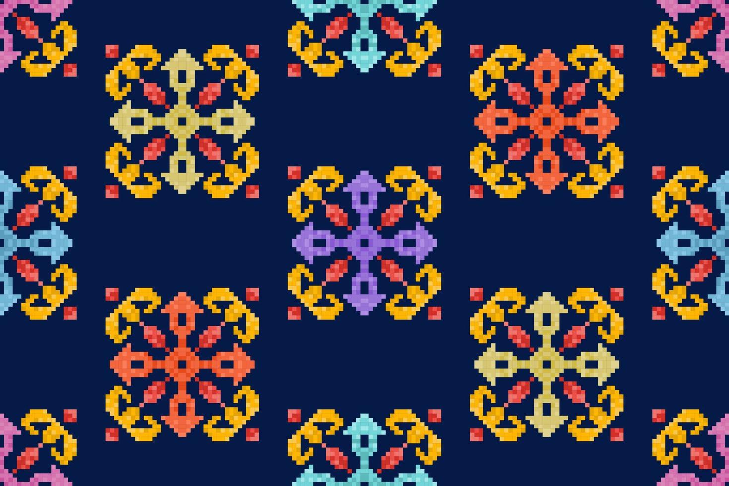 Ikat pixel paisley ethnic seamless pattern decoration design. Aztec fabric carpet boho mandalas textile wallpaper. Tribal native motif ornaments African American folk traditional embroidery vector