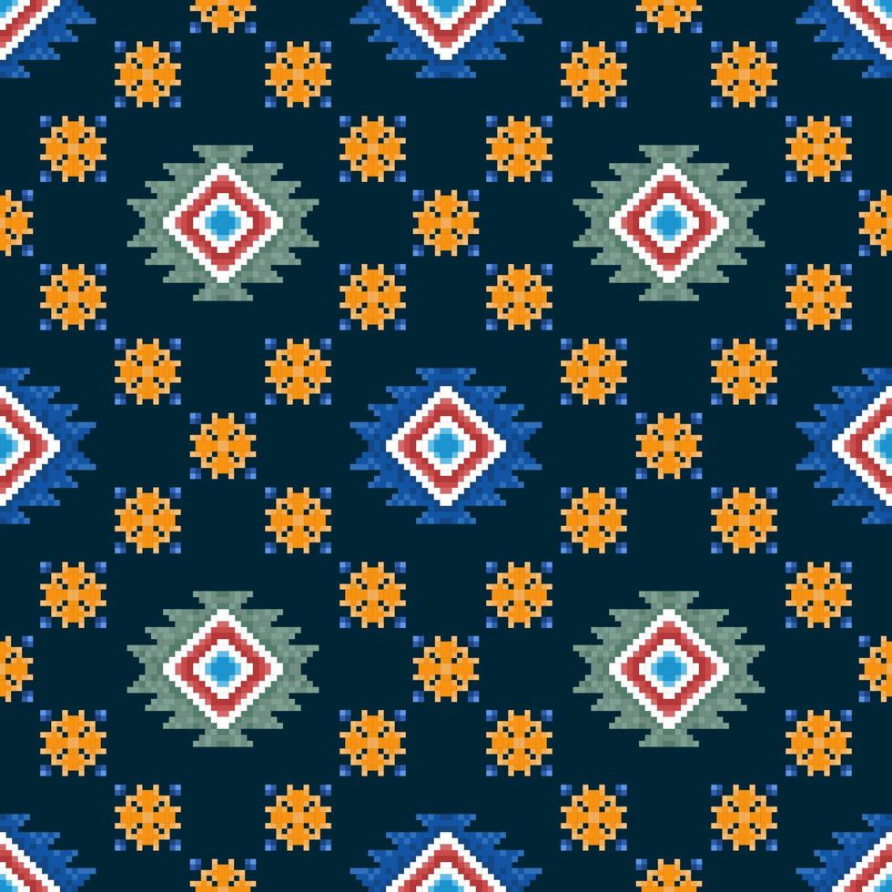 Ikat pixel paisley ethnic seamless pattern decoration design. Aztec fabric carpet boho mandalas textile wallpaper. Tribal native motif ornaments African American folk traditional embroidery vector