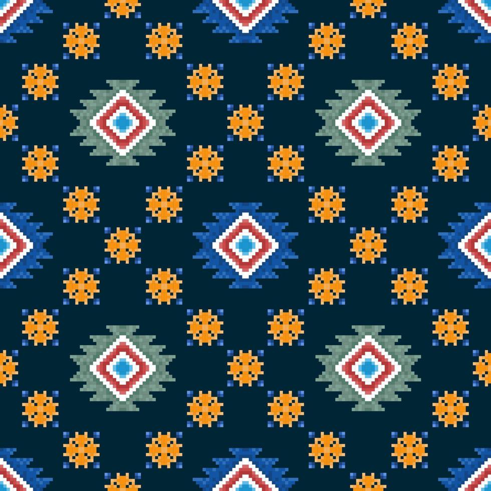 ikat pixel paisley étnico diseño de decoración de patrones sin fisuras. alfombra de tela azteca boho mandalas papel tapiz textil. adornos de motivos nativos tribales vector de bordado tradicional afroamericano