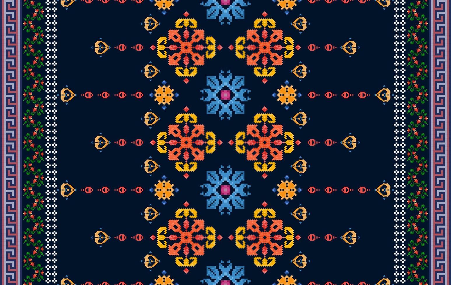 Ikat pixel paisley ethnic seamless pattern decoration design. Aztec fabric carpet boho mandalas textile wallpaper. Tribal native motif ornaments African American folk traditional embroidery vector