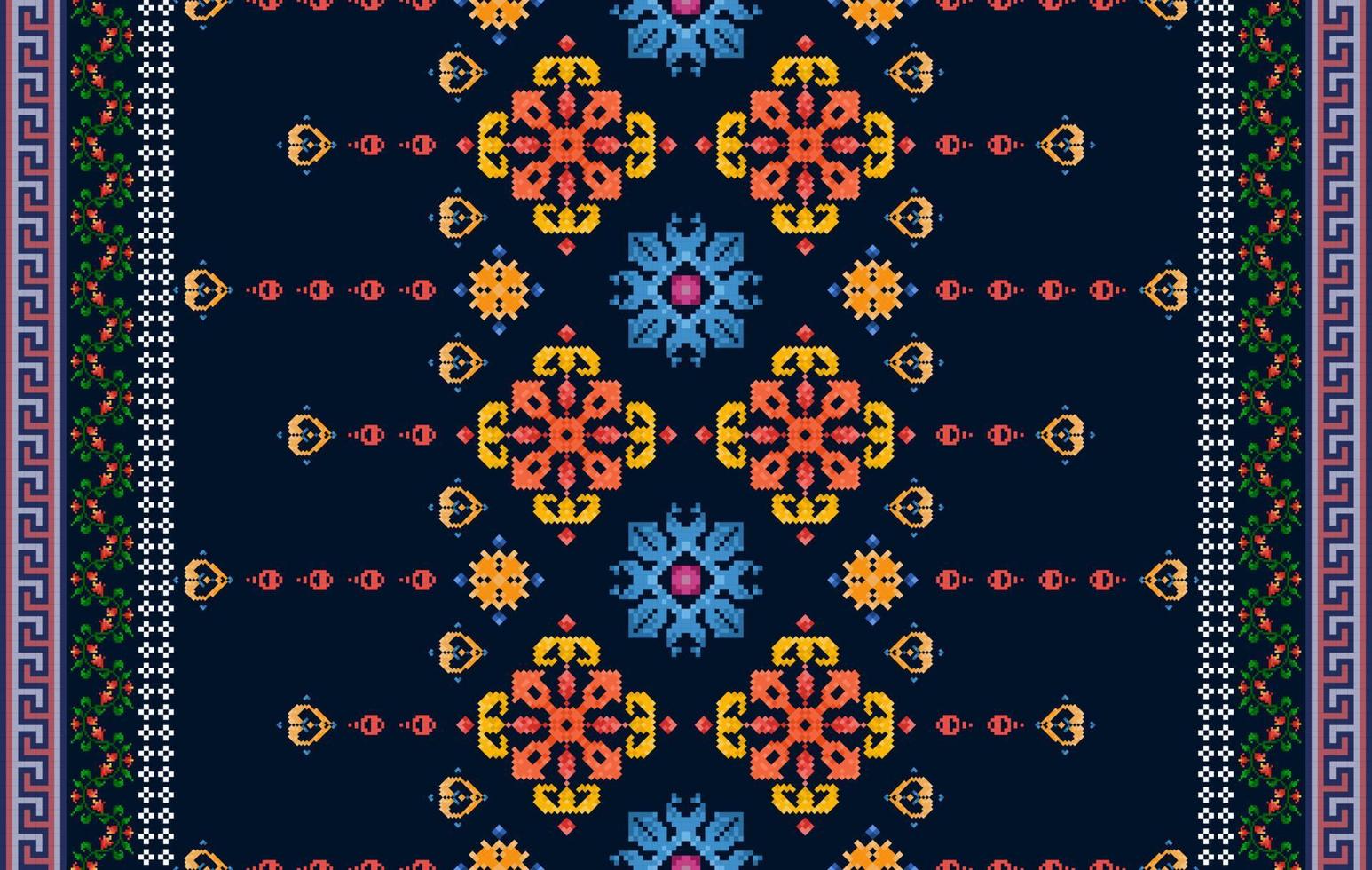 Ikat pixel paisley ethnic seamless pattern decoration design. Aztec fabric carpet boho mandalas textile wallpaper. Tribal native motif ornaments African American folk traditional embroidery vector