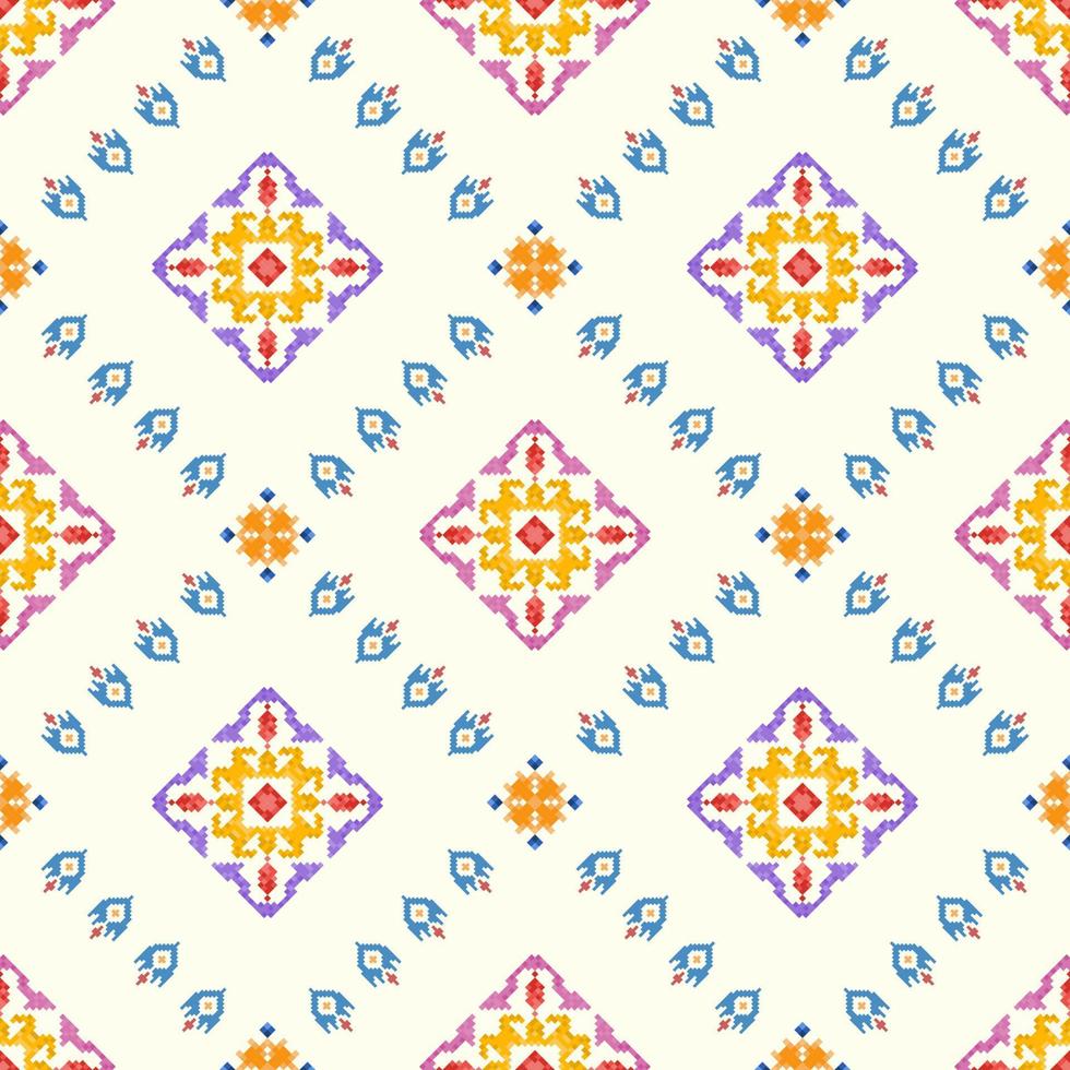 Ikat pixel paisley ethnic seamless pattern decoration design. Aztec fabric carpet boho mandalas textile wallpaper. Tribal native motif ornaments African American folk traditional embroidery vector