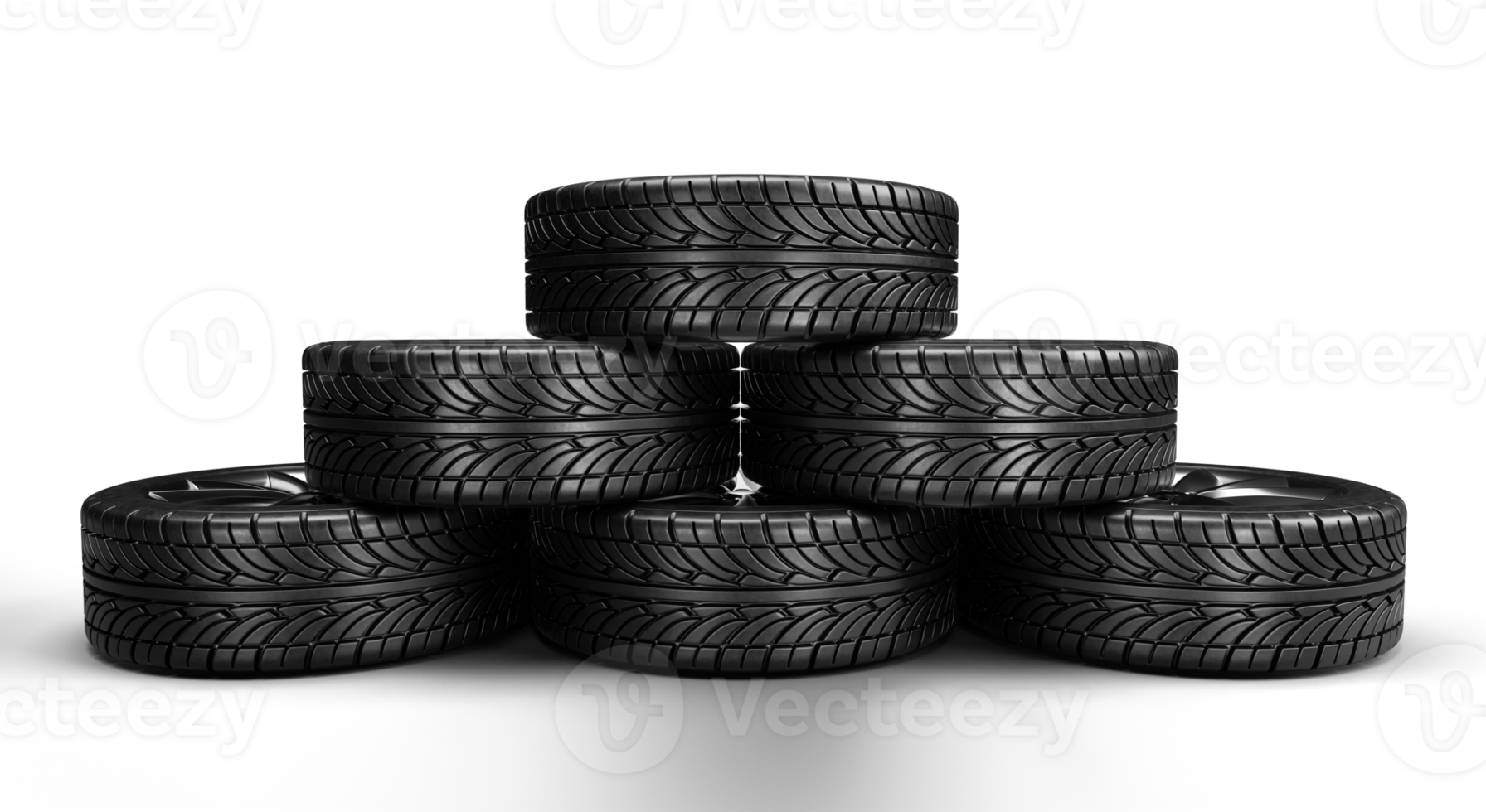 Six car tires folded by pyramid. 3D rendering illustration png