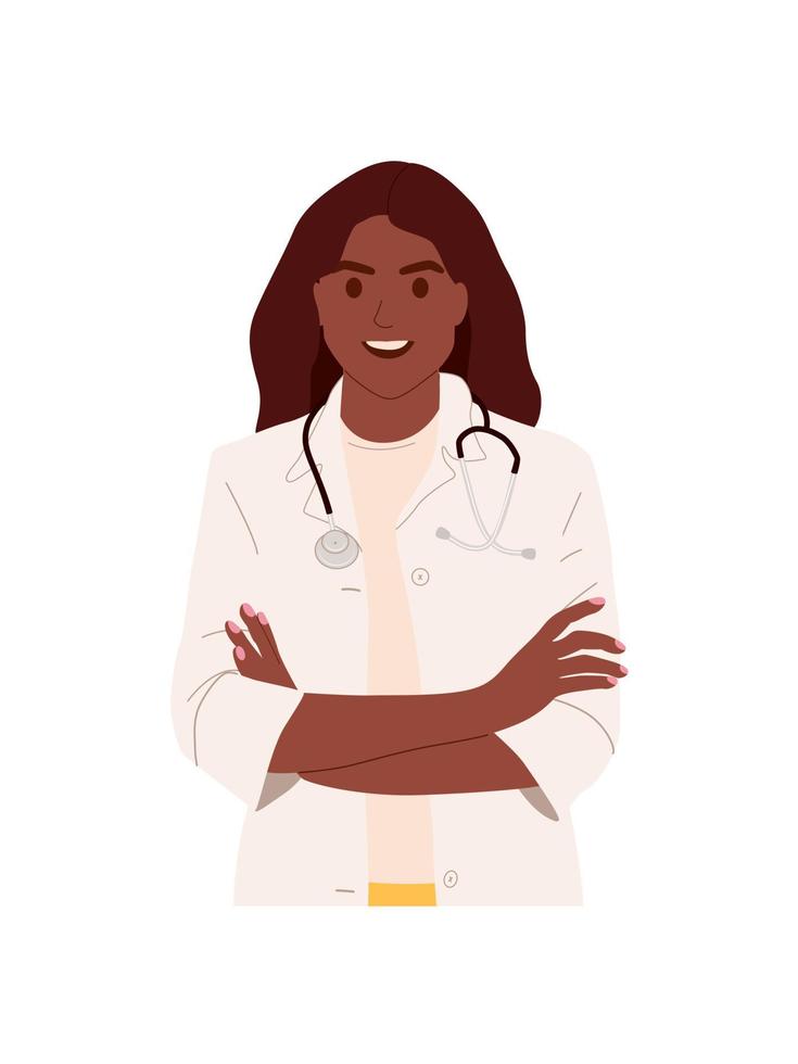 Woman doctor smiling portrait crossed hands isolated on white background. Female physician with stethoscope. African American woman therapist in medical uniform. Flat vector illustration