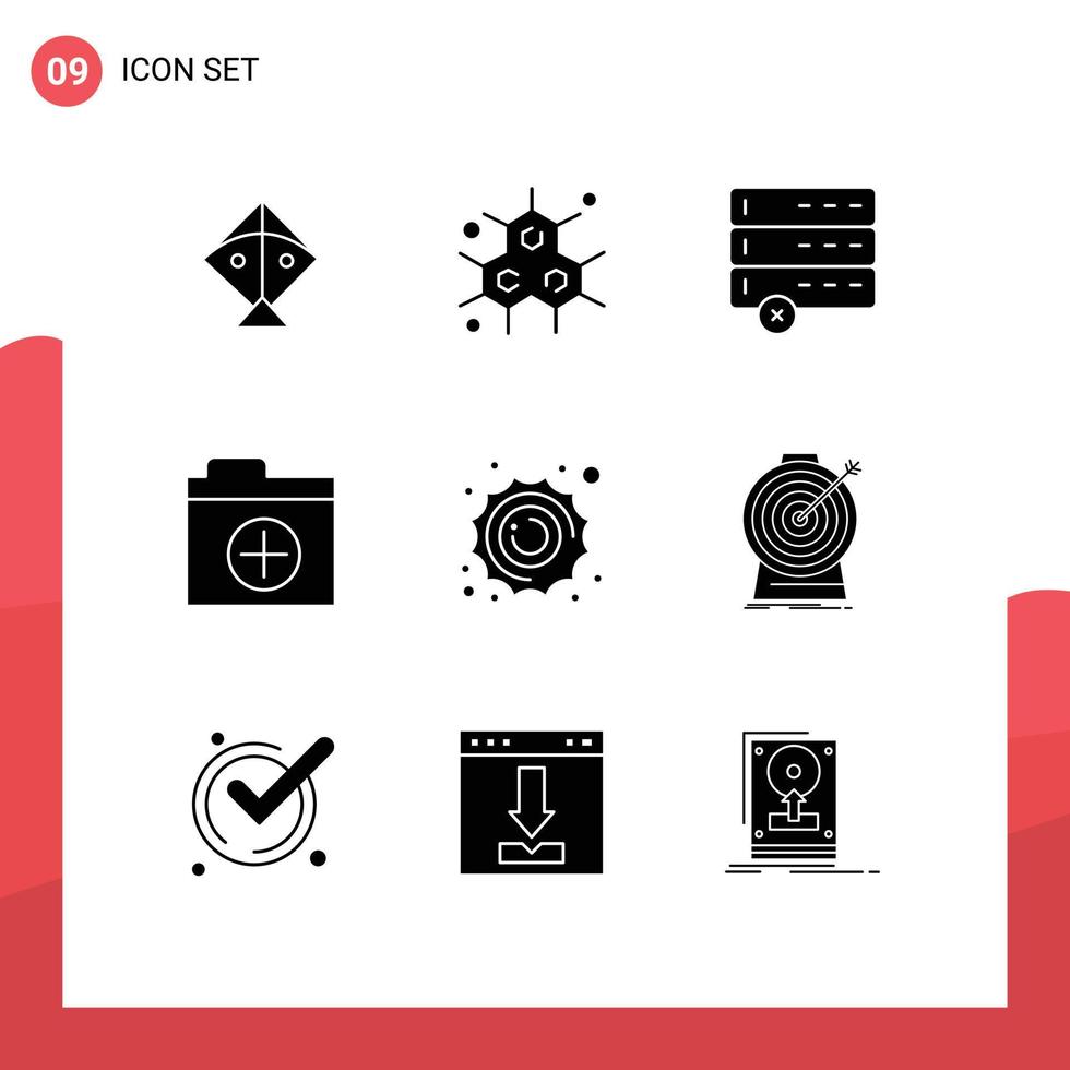 Editable Vector Line Pack of 9 Simple Solid Glyphs of focus space devices planet sun Editable Vector Design Elements