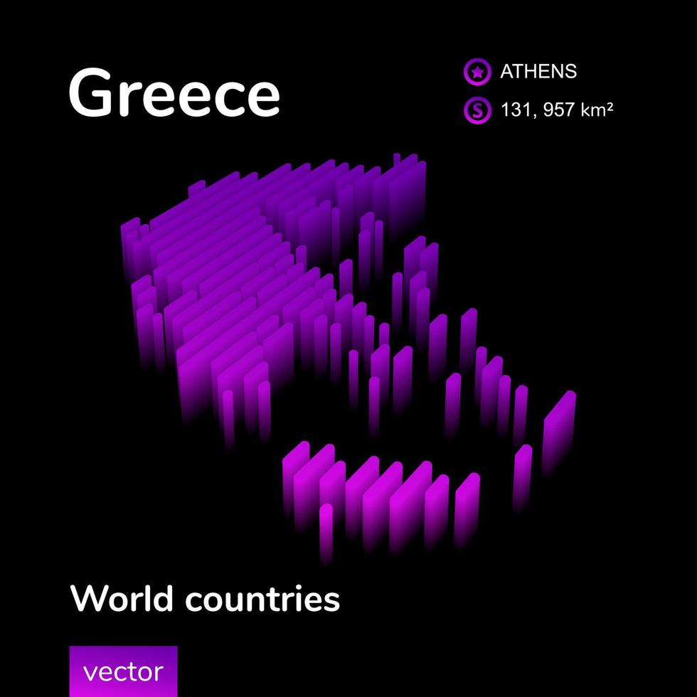 Greece 3D map. Stylized neon digital isometric striped vector Map of Greece in violet and pink colors on the black background