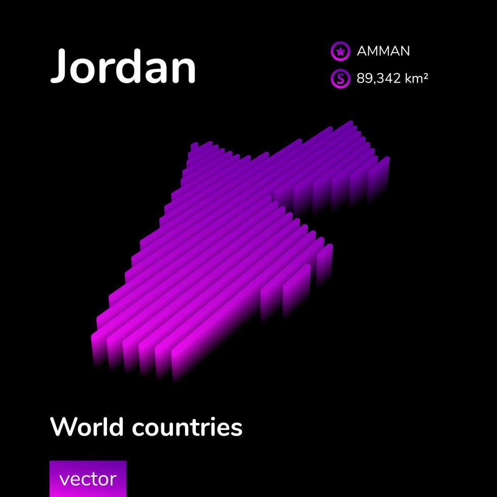 Jordan3D map. Stylized isometric vector 3d map of Jordan in neon violet colors on black background. Geographic map, infographic element.