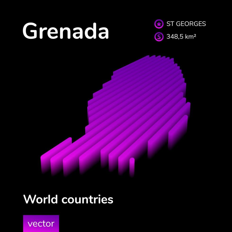 Grenada 3D map. Stylized neon simple digital isometric striped vector Grenada map is in violet colors on black background