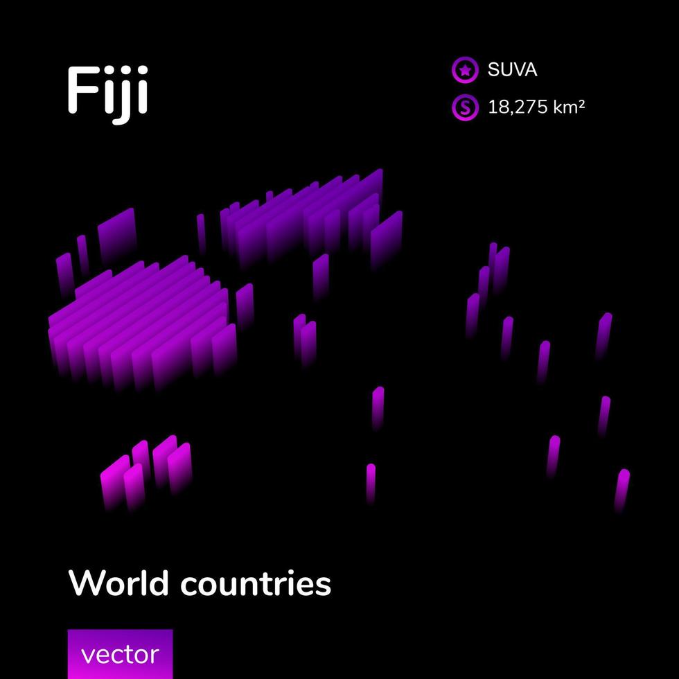 Fiji 3D map. Stylized neon isometric striped vector Map of Fiji is in violet and pink colors on black background. Educational banner.
