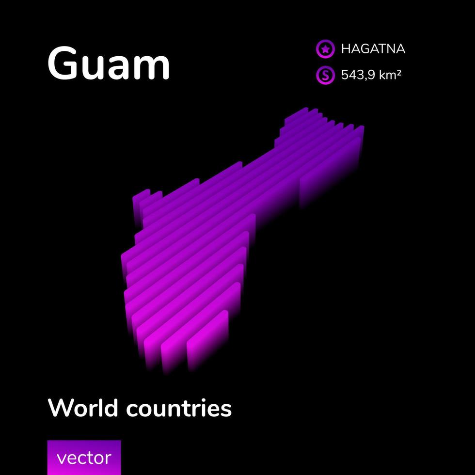 Guam 3D map. Striped isometric neon vector Guam map in violet colors. Geographic infographic map, poster. Educational banner