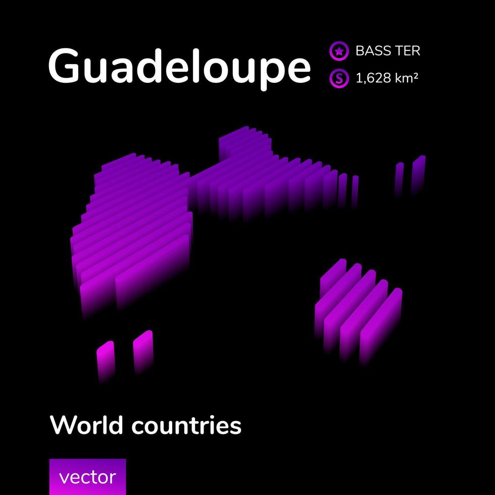 Guadeloupe 3D map. Stylized neon simple digital isometric striped vector Map of Guadeloupe is in violet colors on black background