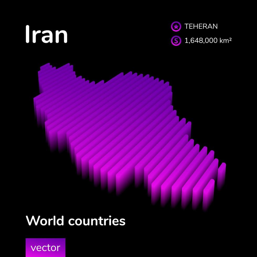 Irán mapa 3d. El mapa vectorial de rayas isométricas digitales simples de neón estilizado de Irán está en colores violetas sobre fondo negro. pancarta educativa. vector