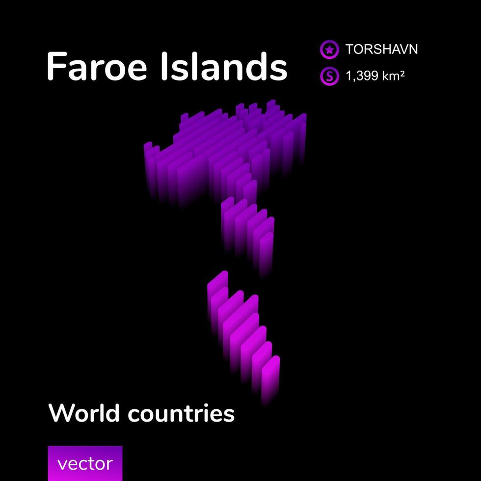 3D Map of Faroe Islands. Stylized neon digital isometric striped vector map in violet and pink colors on the black background