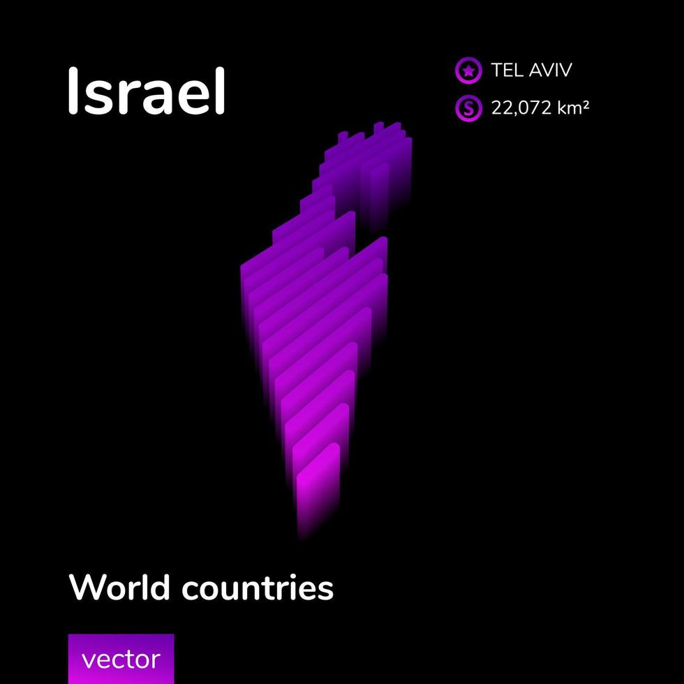 Israel mapa 3d. mapa vectorial de rayas isométricas digitales de neón estilizado en colores violeta y rosa en el fondo negro vector