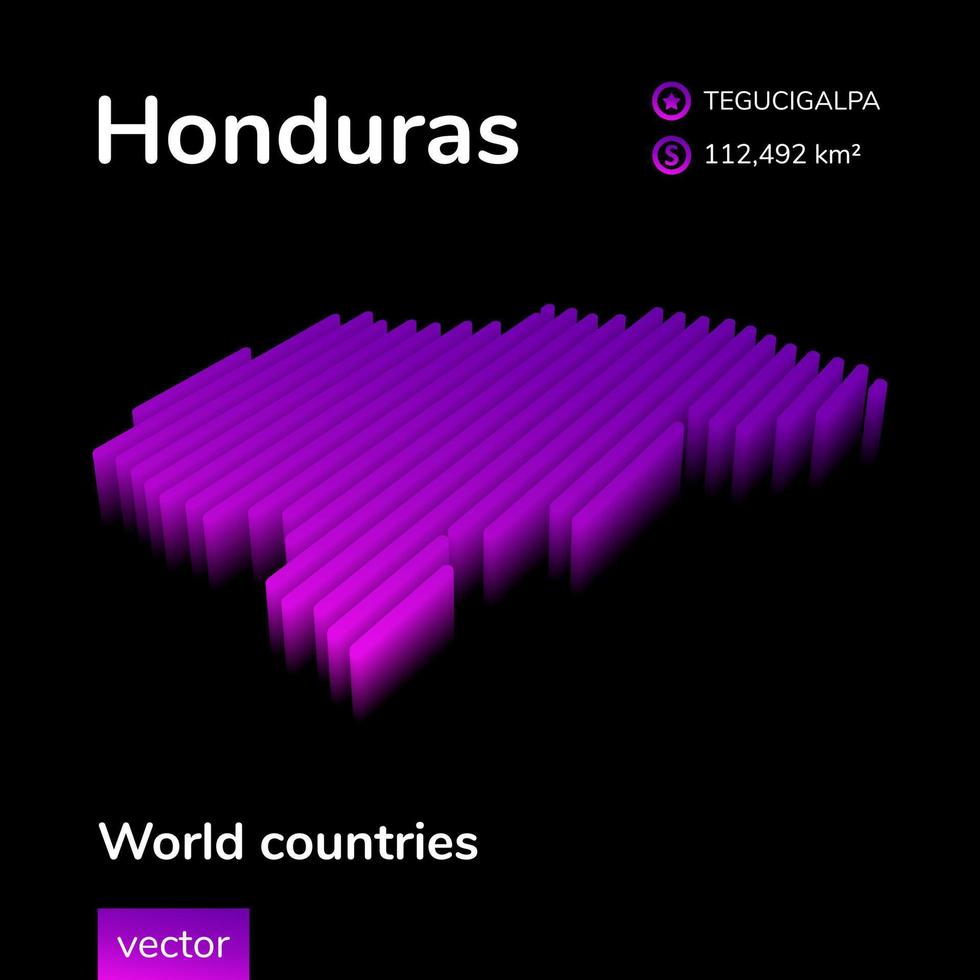 Honduras 3D map. Striped isometric neon vector Honduras map in violet colors. Geographic infographic map, poster, banner, template.