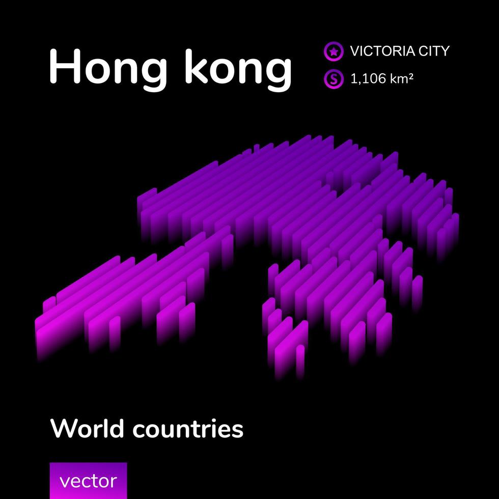 mapa 3d de hong kong. vector de neón isométrico estilizado en colores violetas sobre fondo negro. cartel geográfico, elemento infográfico.