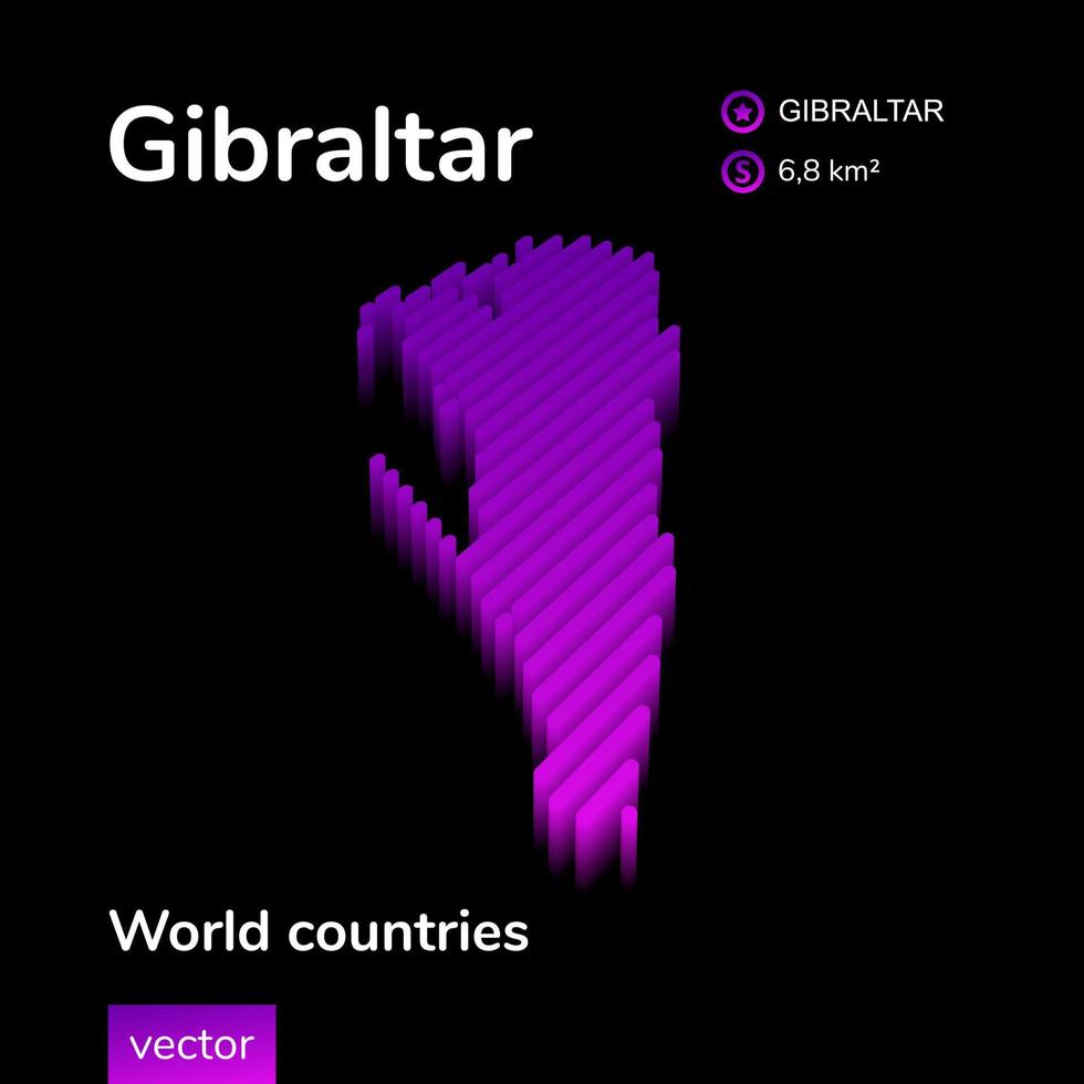 Gibraltar 3D map. Stylized neon simple digital isometric striped vector Map of Gibraltar in violet and pink colors on the black background