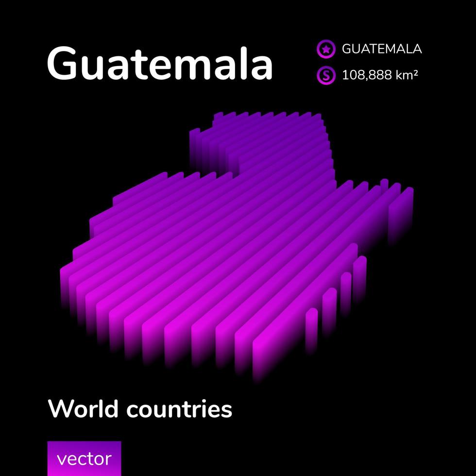 Guatemala 3D map. Stylized neon simple digital isometric striped vector Map of Guatemala is in violet colors on black background