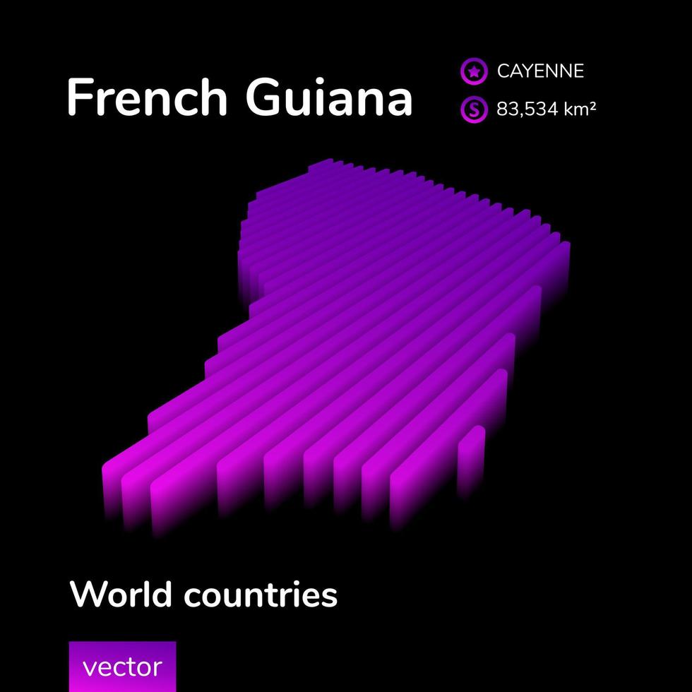 French Guiana 3D map. Stylized neon simple digital isometric striped vector Map is in violet colors on black background. Educational banner