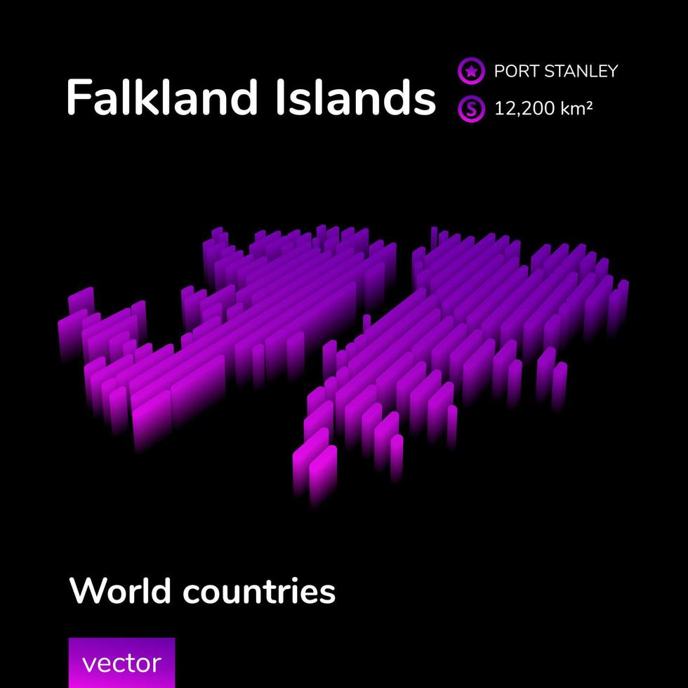 mapa 3d de las islas malvinas. el mapa vectorial isométrico digital de neón rayado estilizado de las islas malvinas está en colores violetas sobre fondo negro vector