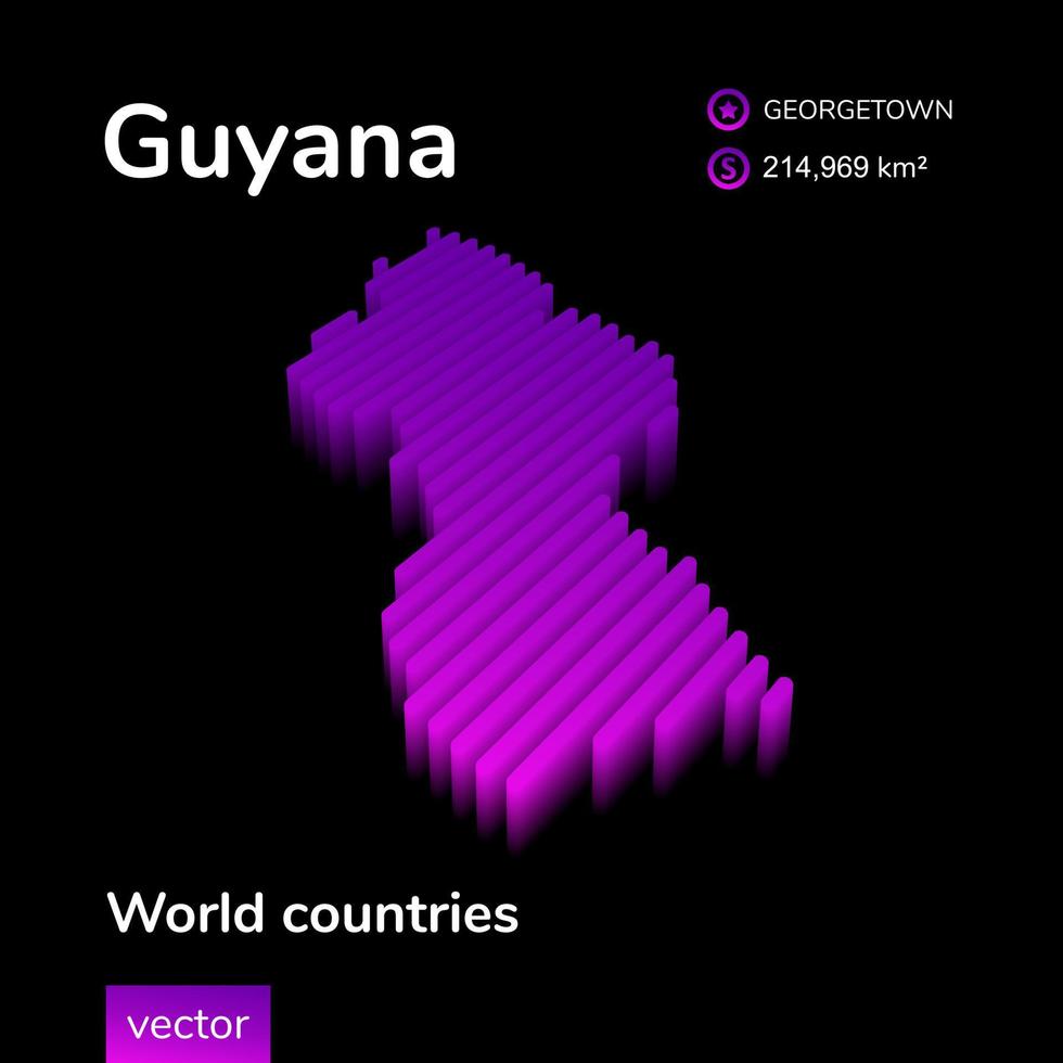 Guyana 3D map. Striped isometric neon vector in violet colors. Geography infographic map. Educational banner