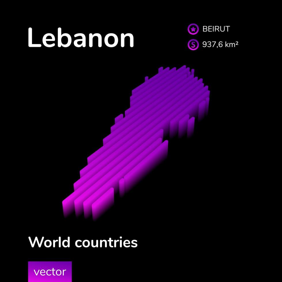 Lebanon 3D map. Stylized neon simple digital isometric striped vector 3d Lebanon map. Map of Lebanon is in violet colors on black background