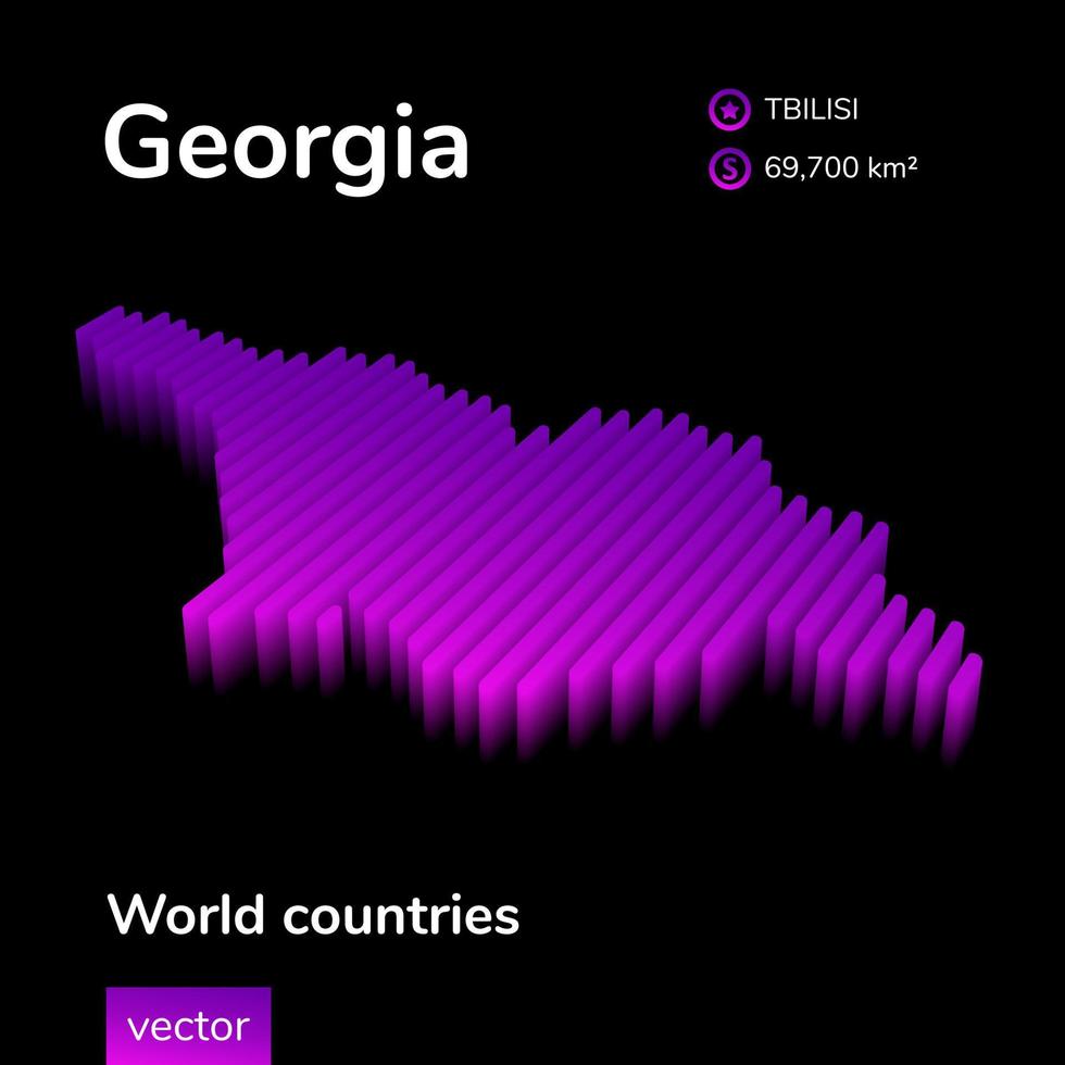 georgia mapa 3d. el mapa isométrico vectorial rayado estilizado de georgia está en colores violetas sobre fondo negro. pancarta educativa. vector