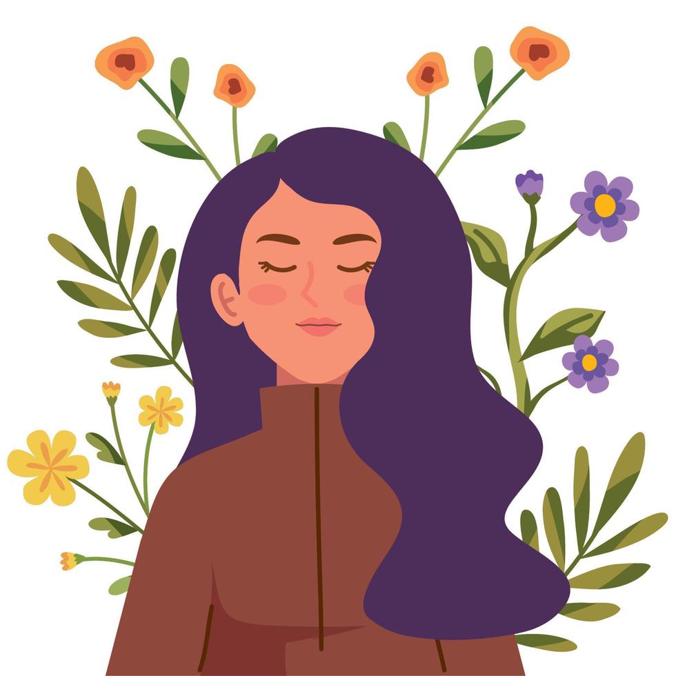 mujer joven con flores vector