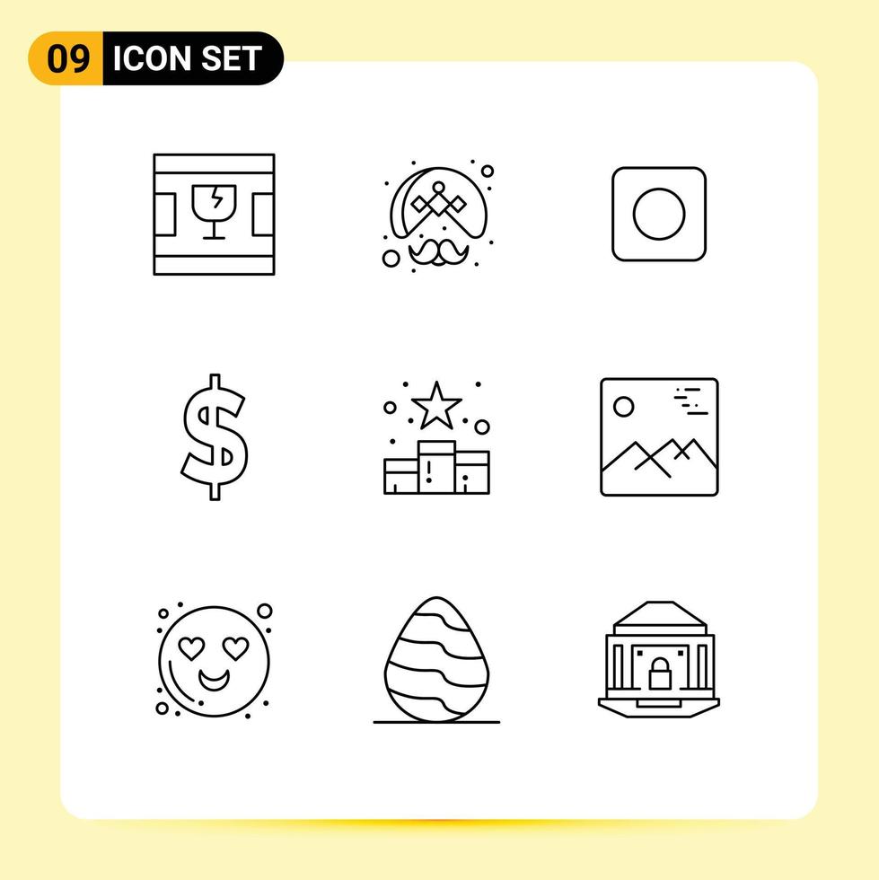 Pack of 9 Modern Outlines Signs and Symbols for Web Print Media such as rating media wearing money currency Editable Vector Design Elements